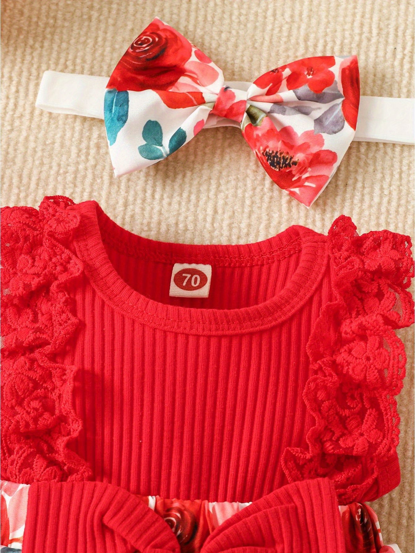 Floral Print Lace Trim Sleeveless Romper Dress with Bowknot for Baby Girls Cotton Blend Summer Outdoor Outfit