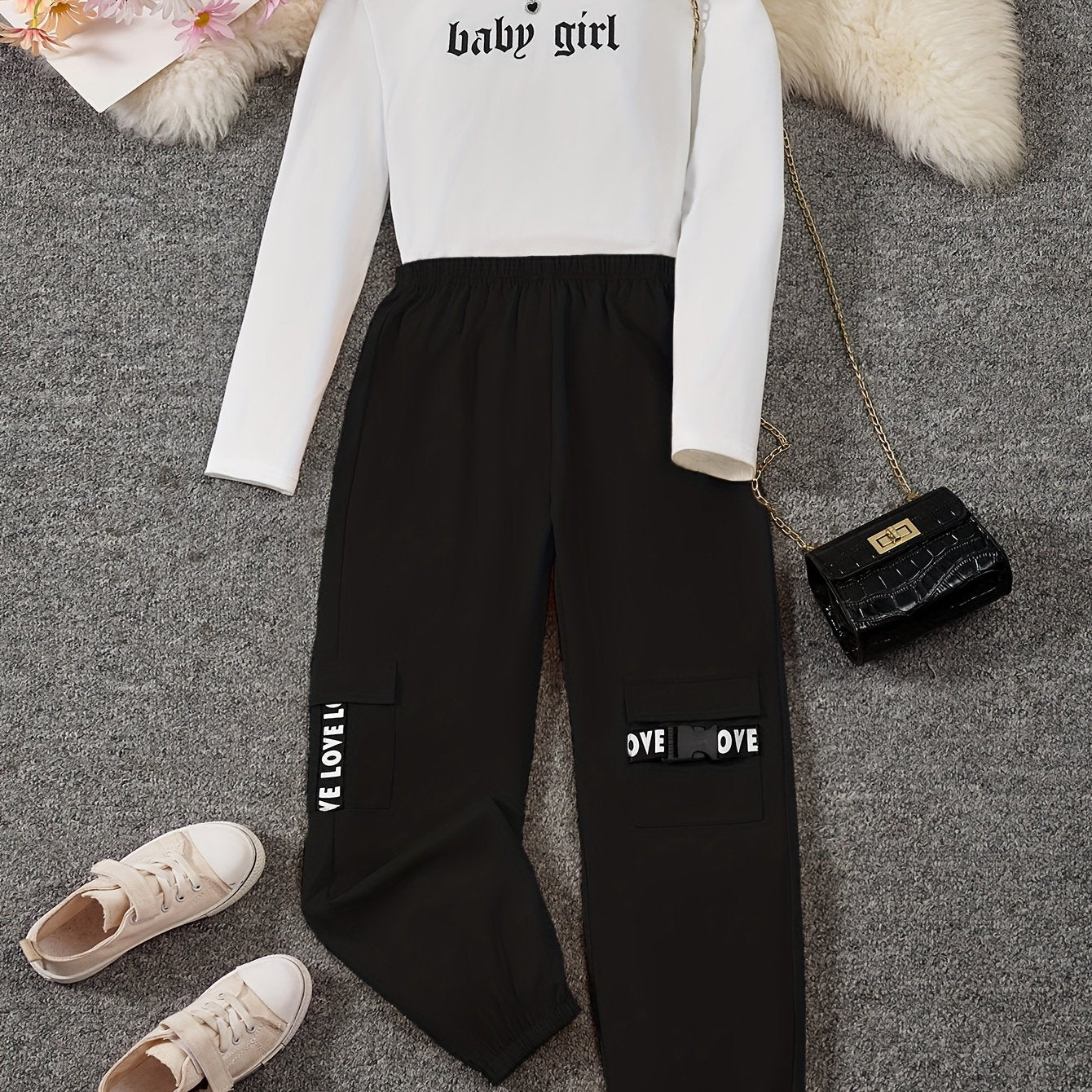 2-Piece Baby Girl Color Clash Top & Cargo Pants Set Alphabet Print