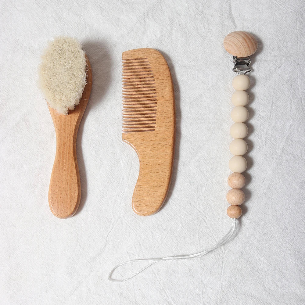 Baby Comb Brush Set Newborn Gift Natural Wooden Comb Bib Pacifier Clip