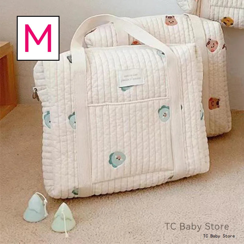 Baby Zipper Diaper Handbag Cotton Bag with Cute Bear Embroidery