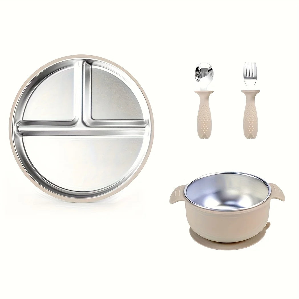 Mother Baby 3-Piece Feeding Set Stainless Steel Silicone Plate Bowl Fork Spoon Baby Food Supplement