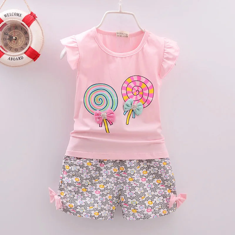 Baby Girls Summer Clothes Set T-shirt + Shorts Lollipop Print Toddler Outfit