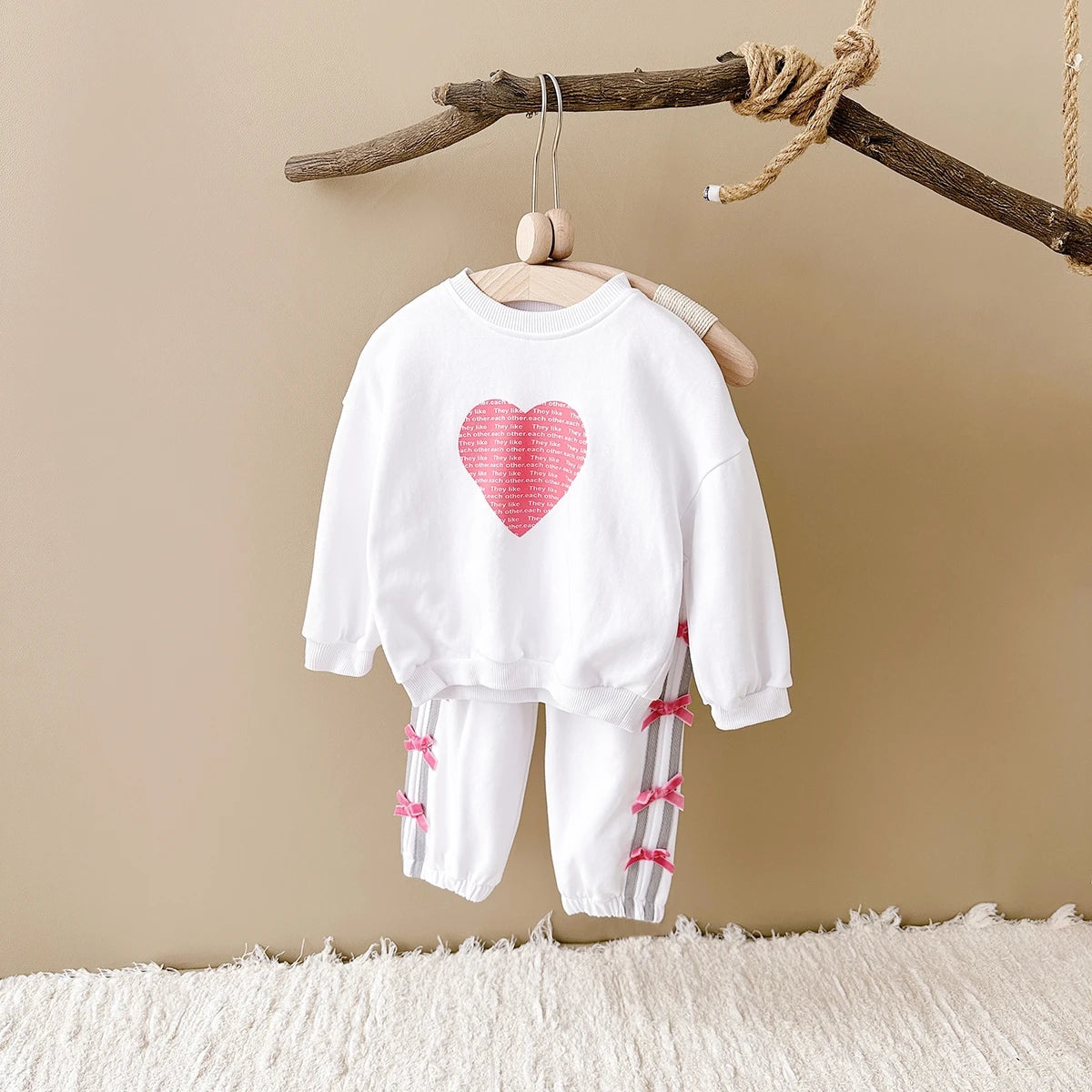 Baby Girl Outfit Set Cotton Love Sweatshirt + Bow Pants Long Sleeve Toddler Clothing