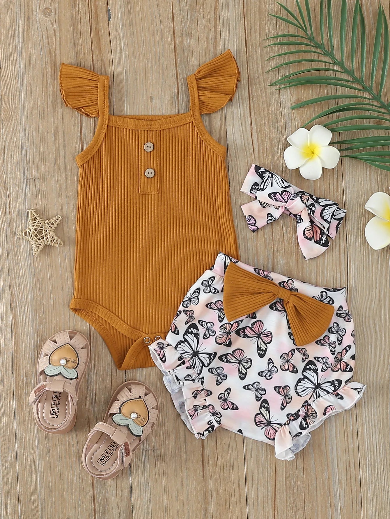 Summer Newborn Baby Girl 3PCS Set Sleeveless Bodysuit + Printed Shorts 0-1Y