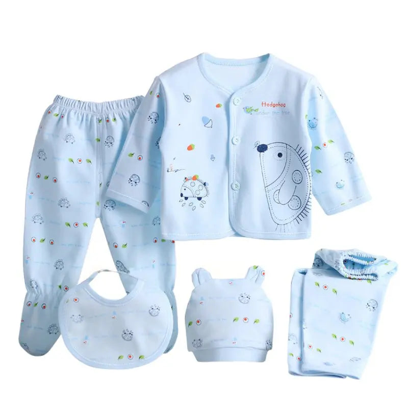 5PCS Newborn Baby Clothes Set Cotton Top Pants Hat Bibs 0-3M