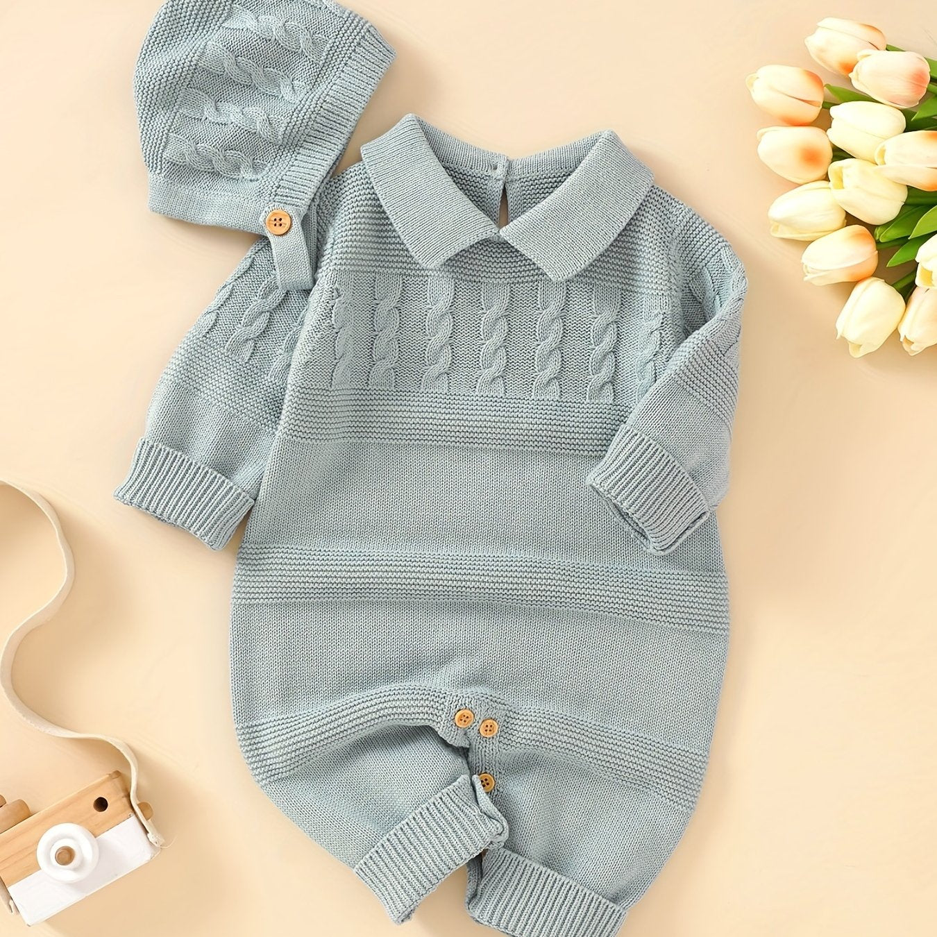 Unisex Infant Romper, Cotton Knit Gentleman Style Lapel Baby Jumpsuit With Hat Set