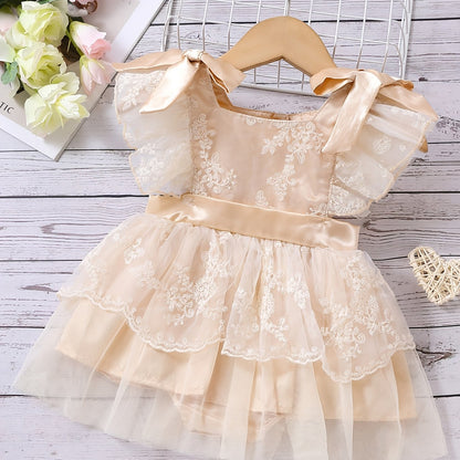 Baby Girl Fly Sleeve Lace Mesh Onesie Dress with Bowknot Decor