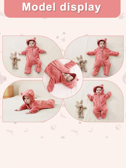 Newborn Baby Winter Fleece Hooded Romper with Mittens Plush Lined Jumpsuit