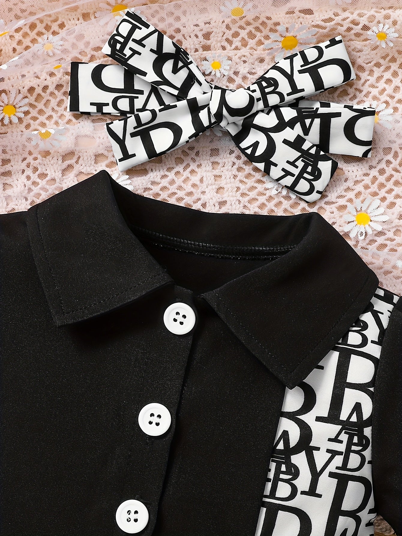 Baby Girl Summer Dress Short Sleeve Pleated Skirt with Headband Black & White Letter Print