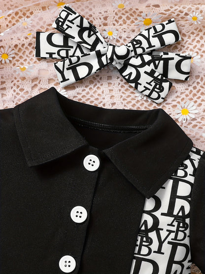 Baby Girl Summer Dress Short Sleeve Pleated Skirt with Headband Black & White Letter Print