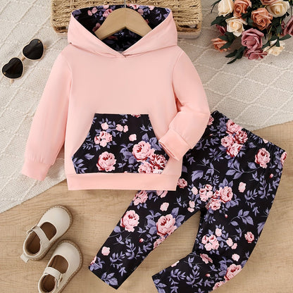 Baby Girl 2-Piece Pants Set Rose Flower Hooded Sweatshirt & Slim Print Trousers