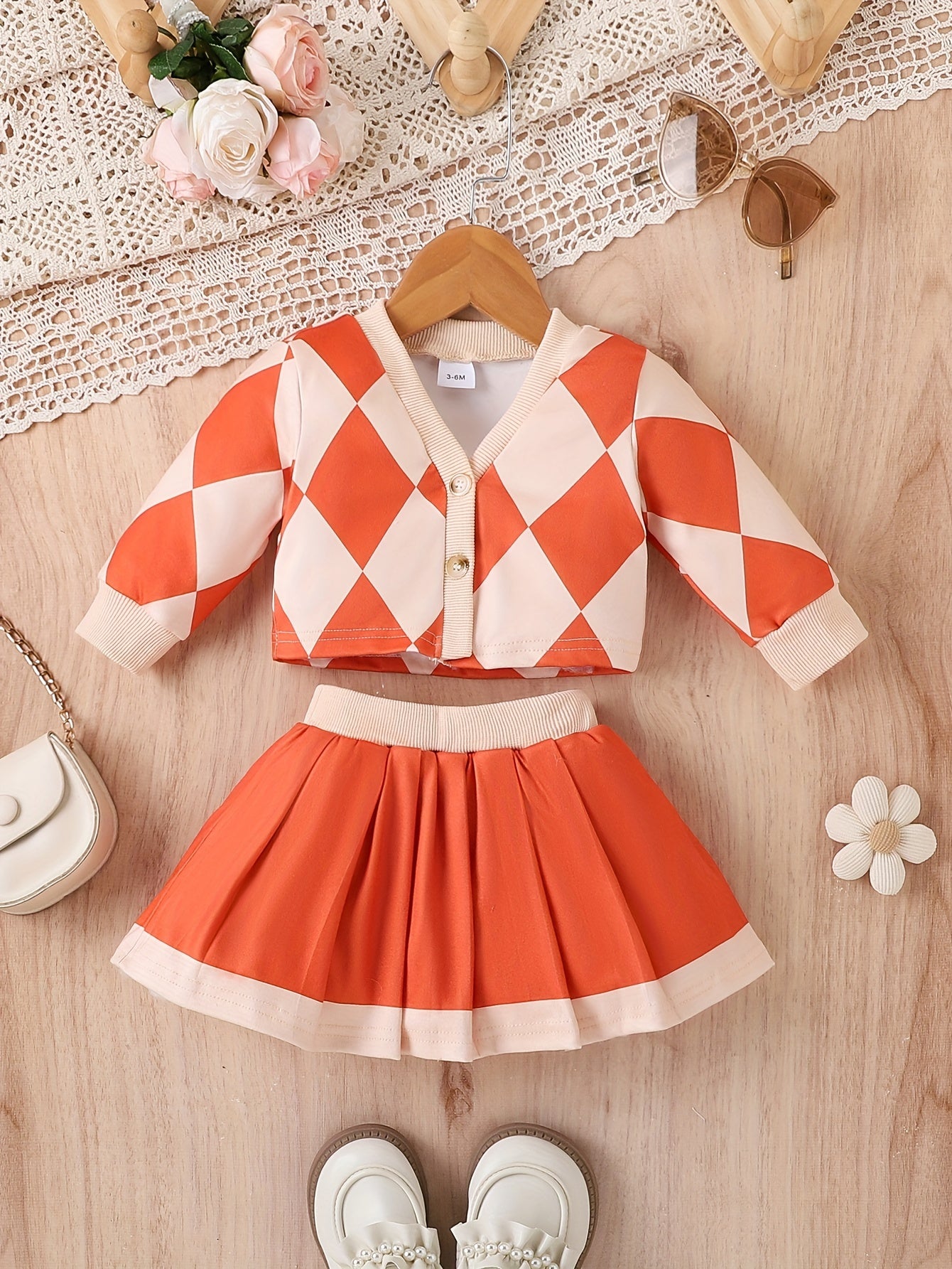 Baby Girl Diamond Pattern College-Style Jacket & Pleated Skirt Two-Piece Set