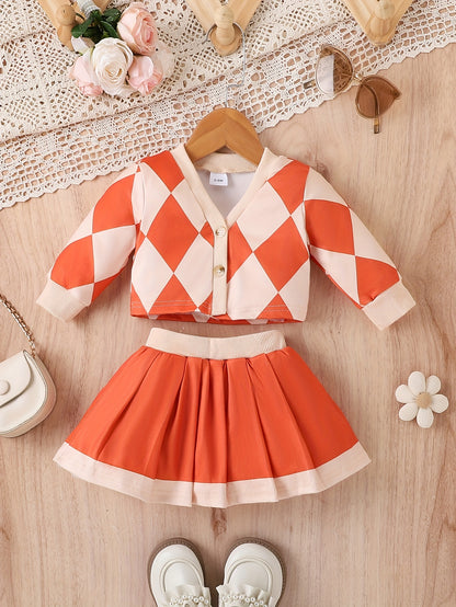 Baby Girl Diamond Pattern College-Style Jacket & Pleated Skirt Two-Piece Set