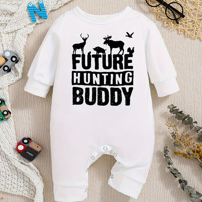 Baby Romper "Future Hunting Buddy" Black Polyester Deer & Bird Print