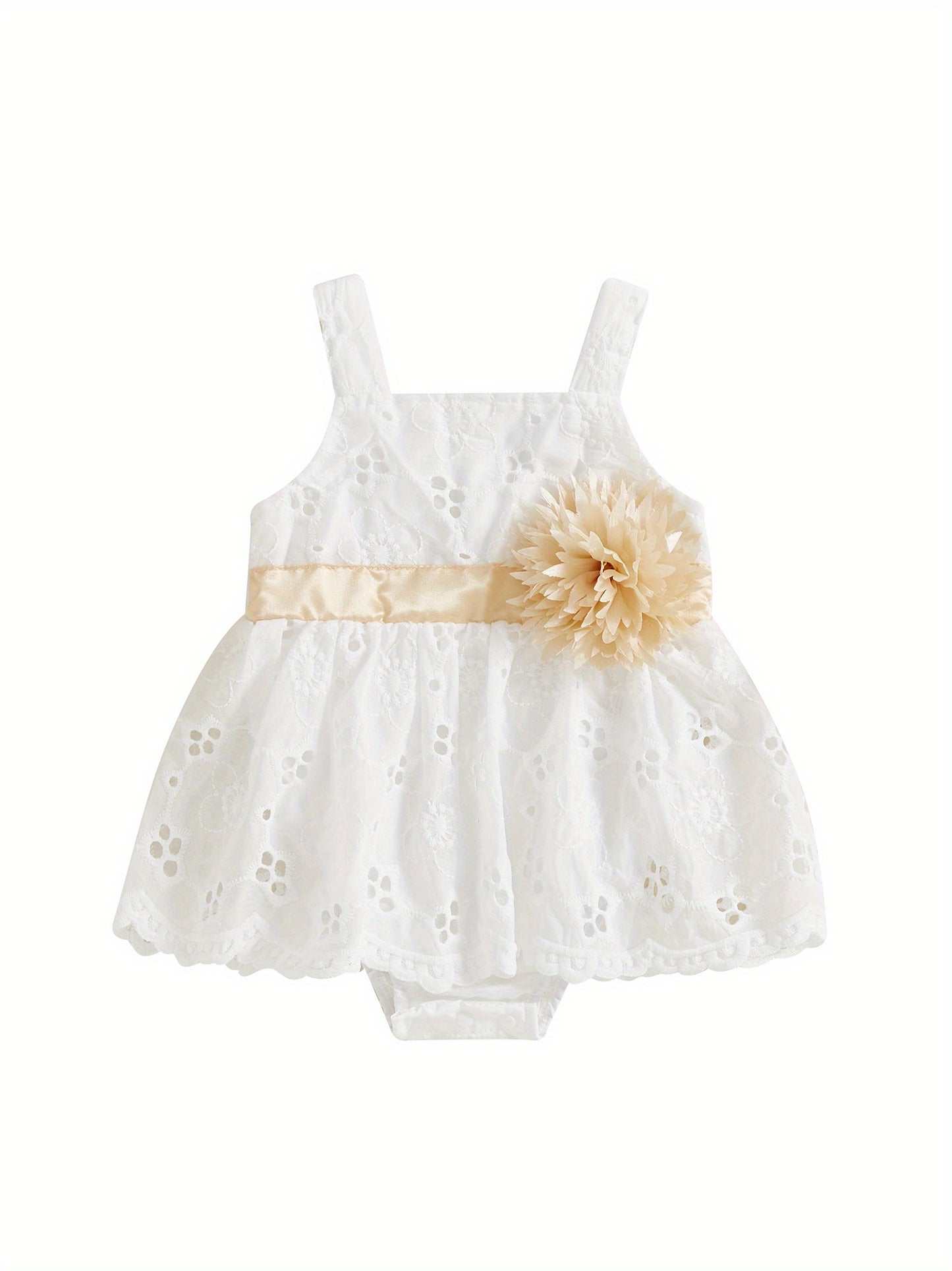 White Sleeveless Baby Girl Romper Dress 3D Floral Skirt Hem Golden Belt Summer Outfit