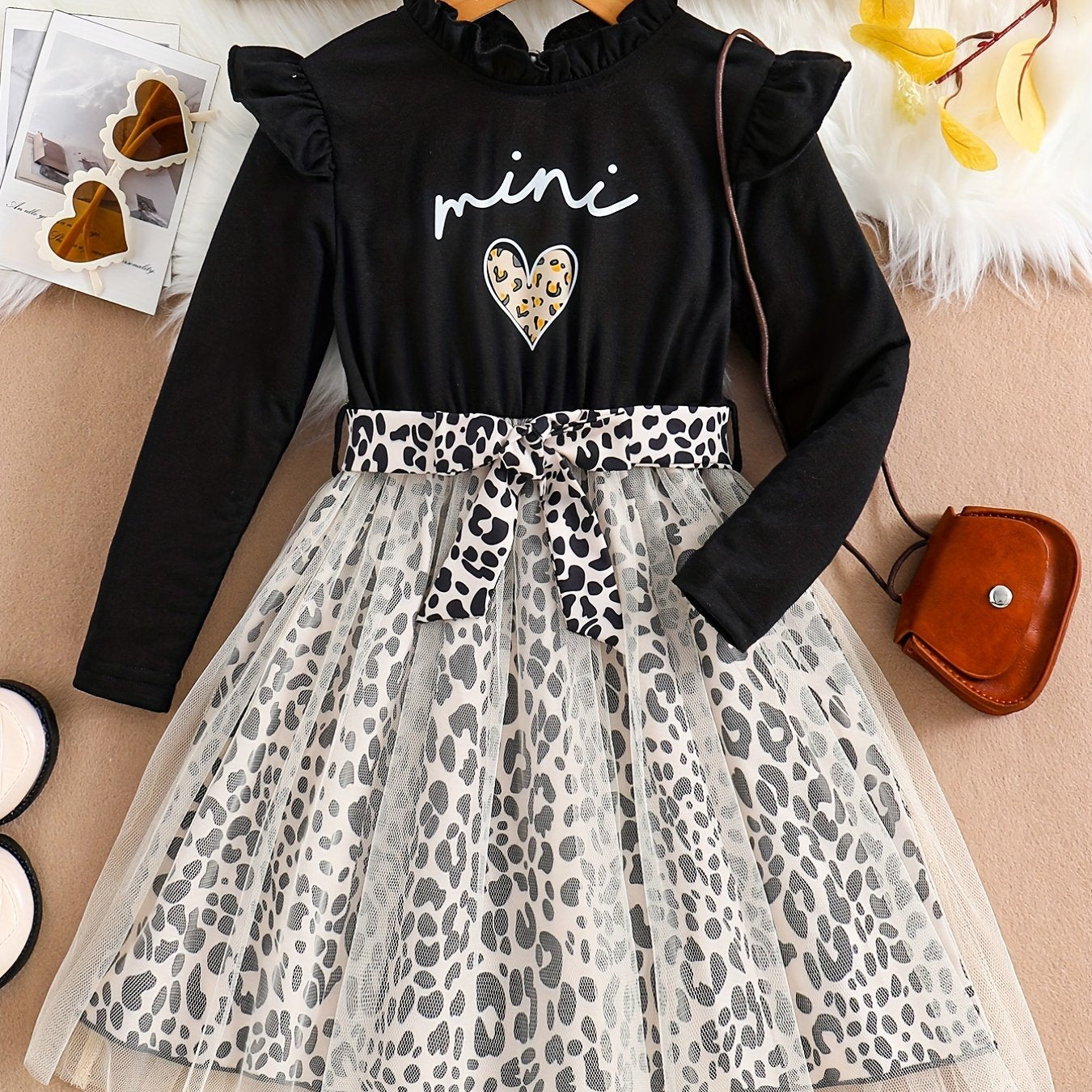 Baby Girl Leopard Print Mesh Dress with Bowknot Belt Long Sleeve Ruffle Trim