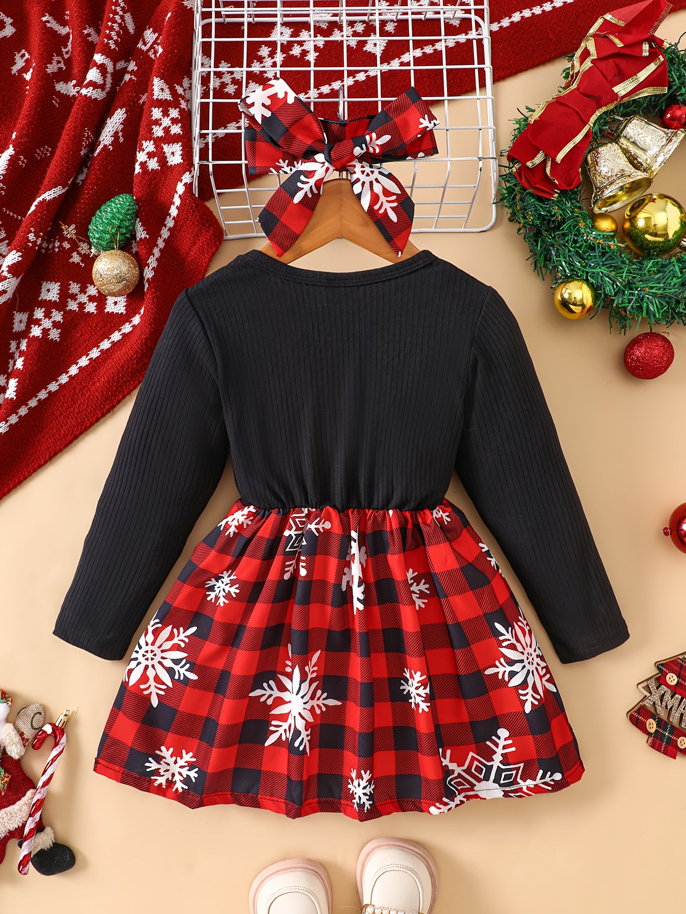 Baby Christmas Two-Piece Outfit Bow Snowflake Plaid Dress with Headscarf