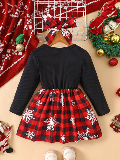Baby Christmas Two-Piece Outfit Bow Snowflake Plaid Dress with Headscarf