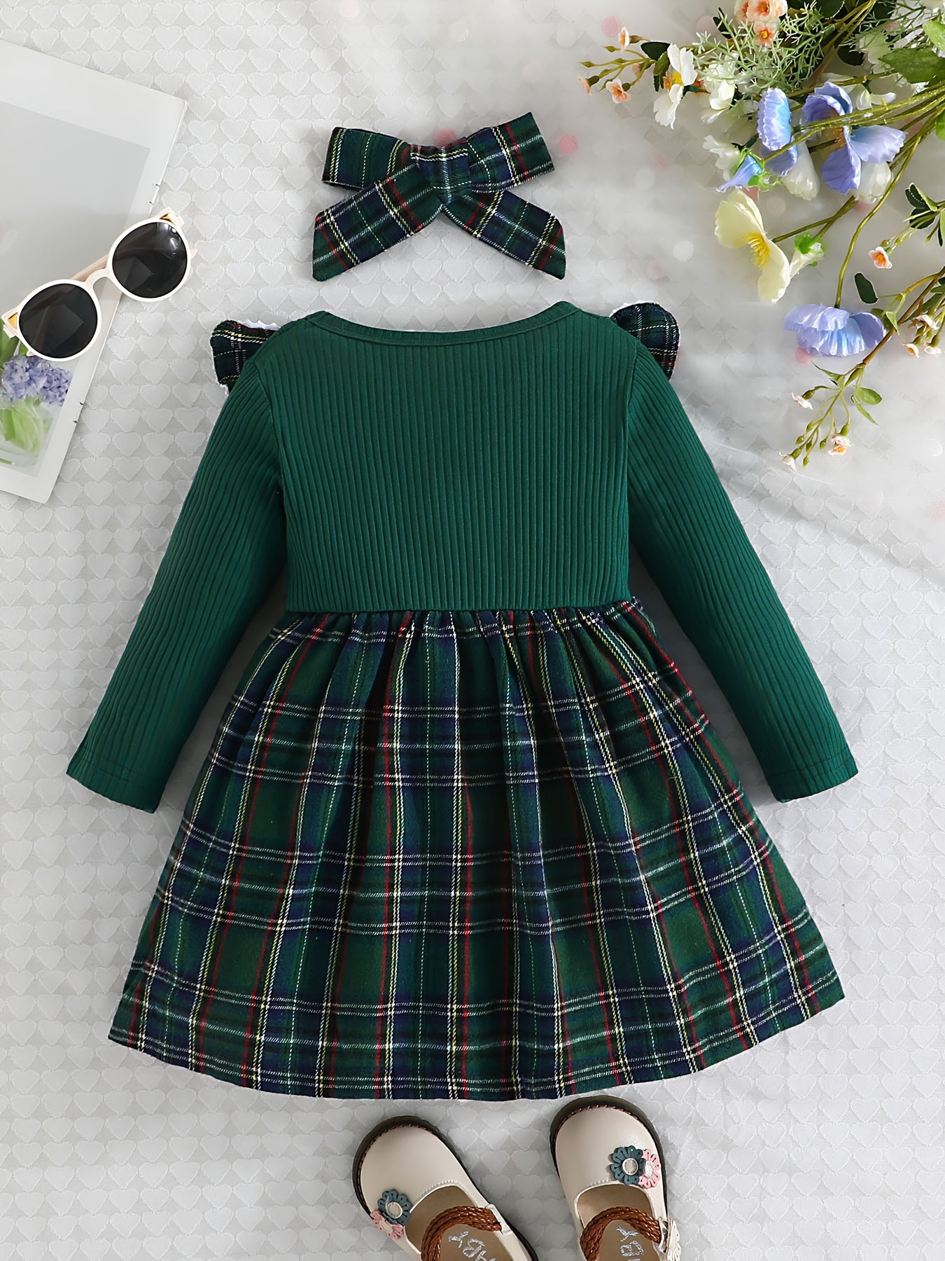 Baby Girl Ruffle Trim Plaid Long Sleeve Dress & Headband Set