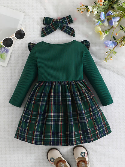 Baby Girl Ruffle Trim Plaid Long Sleeve Dress & Headband Set