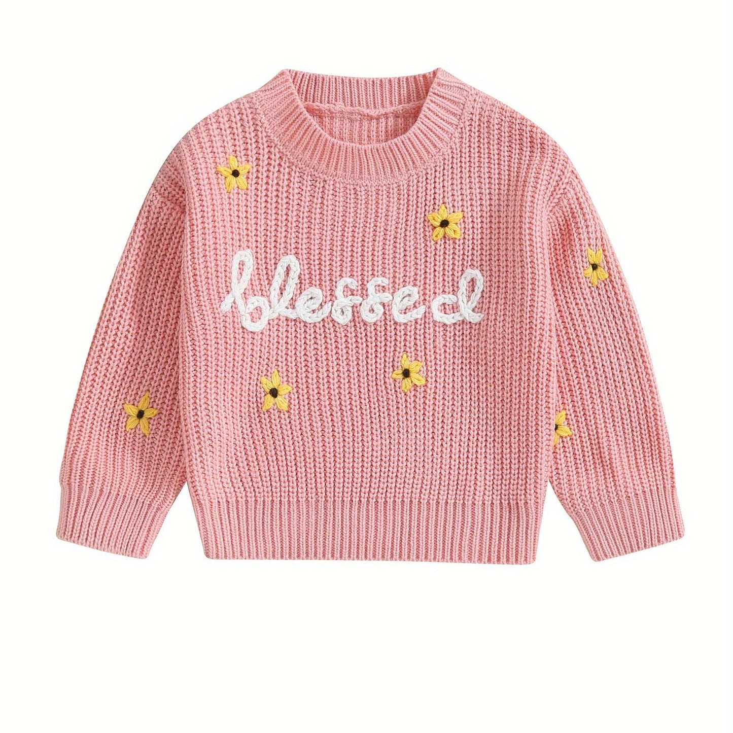 Baby Girls Autumn Winter Knit Sweater Floral Letter Embroidery Pullover