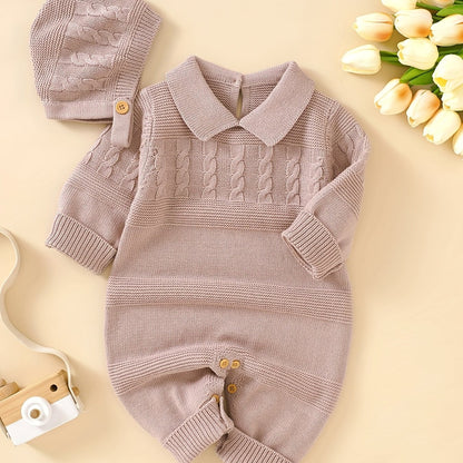 Unisex Infant Romper, Cotton Knit Gentleman Style Lapel Baby Jumpsuit With Hat Set