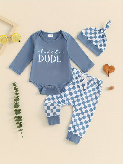 Baby Boy 3-Piece Outfit Letter Print Long Sleeve Romper Pants & Hat