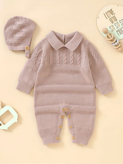 Unisex Infant Romper, Cotton Knit Gentleman Style Lapel Baby Jumpsuit With Hat Set