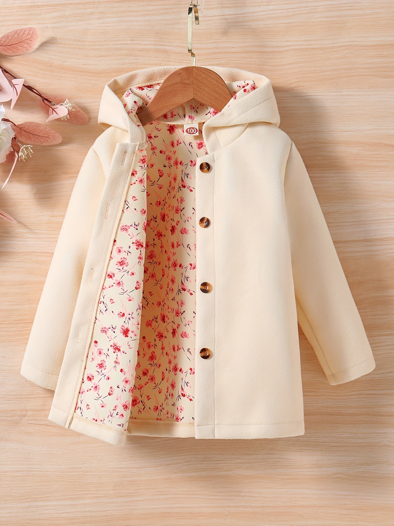 Baby Girl Hooded Coat Floral Print Button Design Autumn Winter
