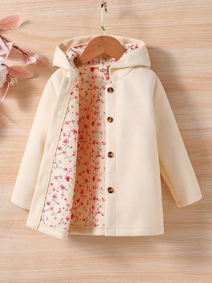 Baby Girl Hooded Coat Floral Print Button Design Autumn Winter