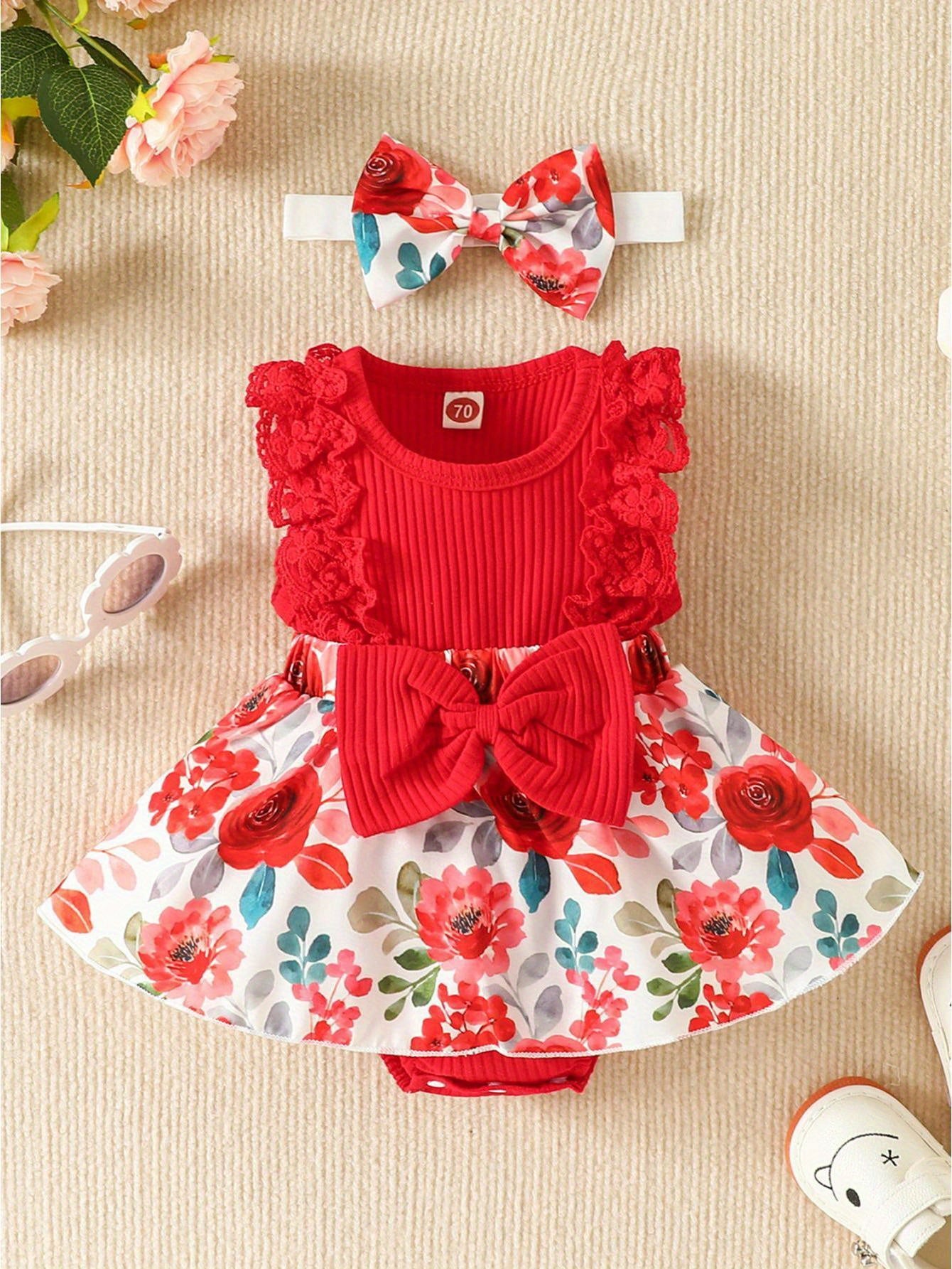 Floral Print Lace Trim Sleeveless Romper Dress with Bowknot for Baby Girls Cotton Blend Summer Outdoor Outfit