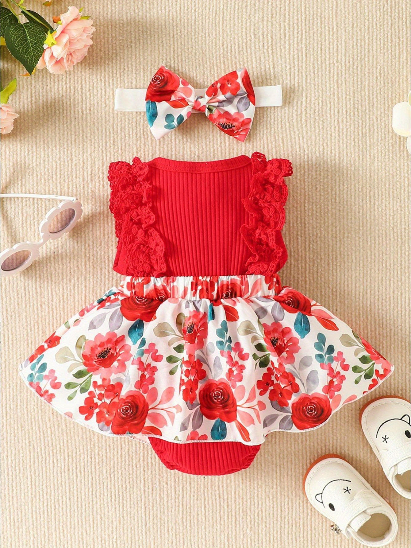 Floral Print Lace Trim Sleeveless Romper Dress with Bowknot for Baby Girls Cotton Blend Summer Outdoor Outfit