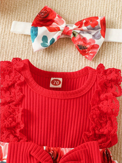 Floral Print Lace Trim Sleeveless Romper Dress with Bowknot for Baby Girls Cotton Blend Summer Outdoor Outfit