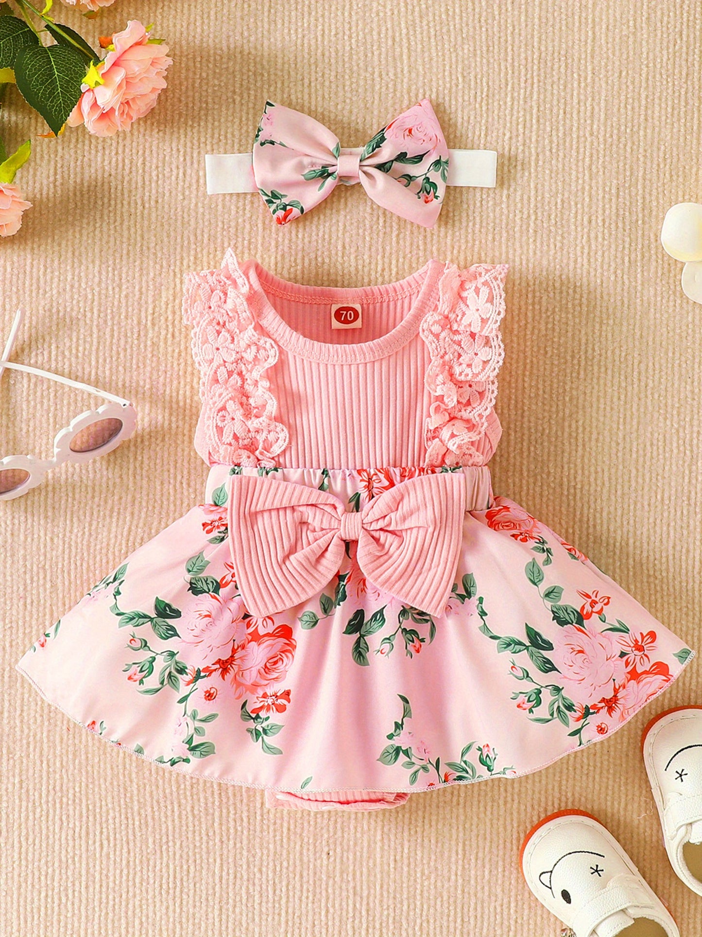 Floral Print Lace Trim Sleeveless Romper Dress with Bowknot for Baby Girls Cotton Blend Summer Outdoor Outfit