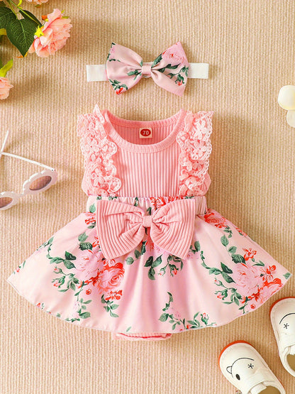 Floral Print Lace Trim Sleeveless Romper Dress with Bowknot for Baby Girls Cotton Blend Summer Outdoor Outfit