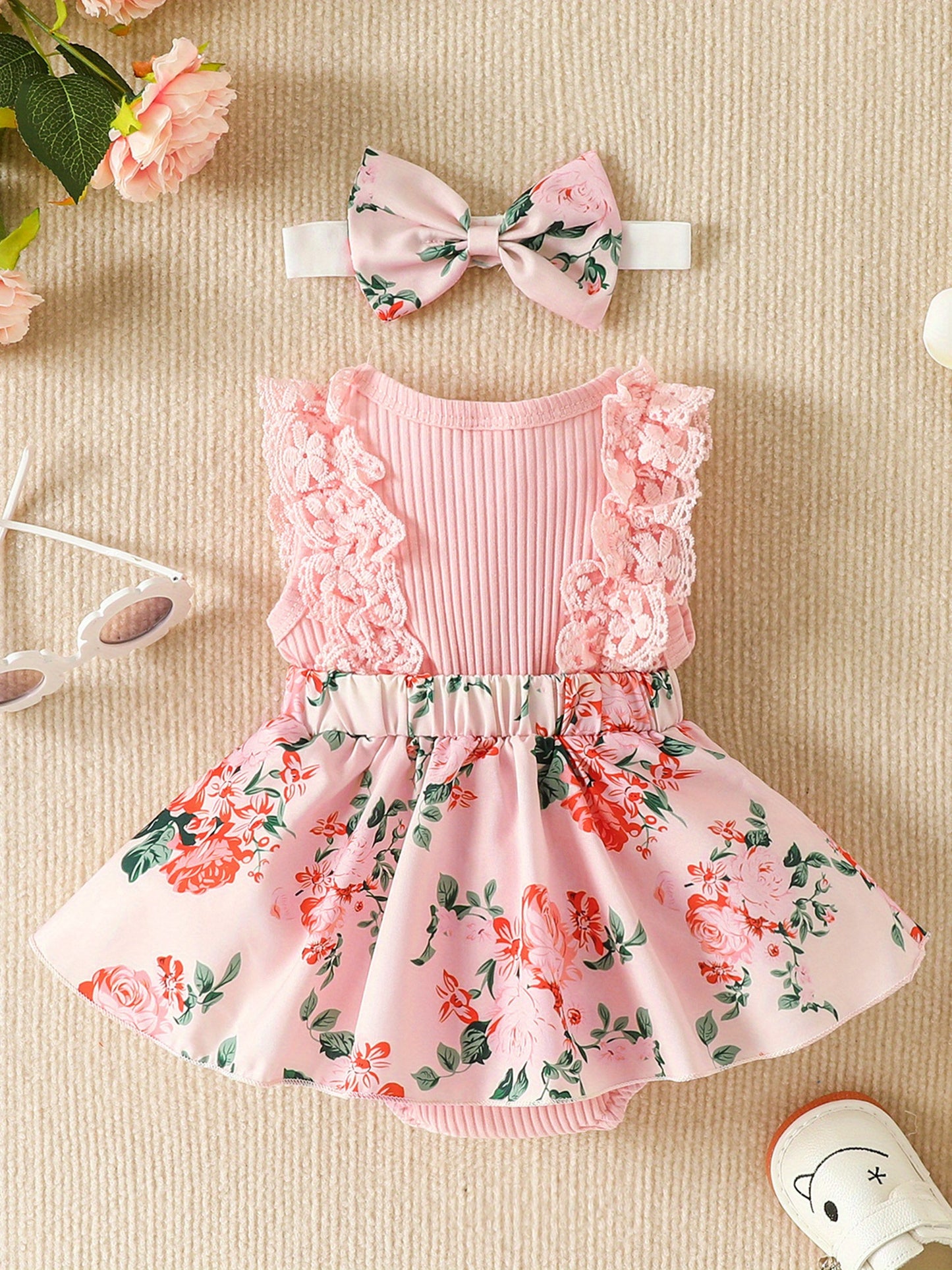 Floral Print Lace Trim Sleeveless Romper Dress with Bowknot for Baby Girls Cotton Blend Summer Outdoor Outfit