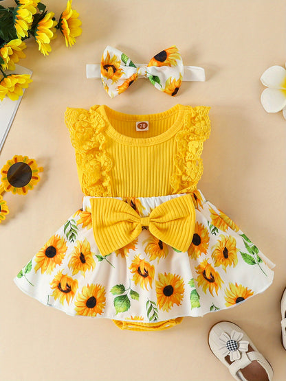 Floral Print Lace Trim Sleeveless Romper Dress with Bowknot for Baby Girls Cotton Blend Summer Outdoor Outfit