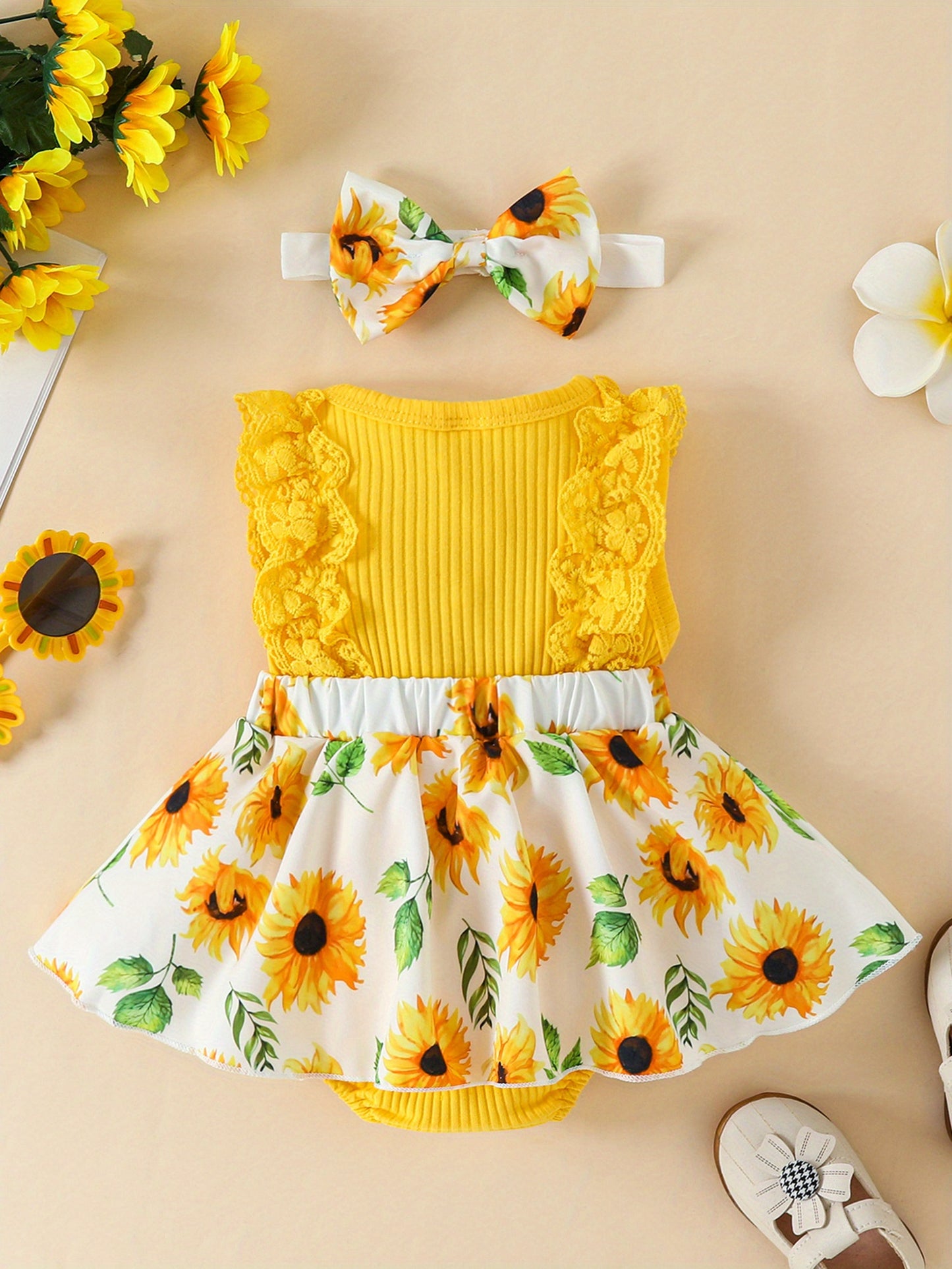 Floral Print Lace Trim Sleeveless Romper Dress with Bowknot for Baby Girls Cotton Blend Summer Outdoor Outfit