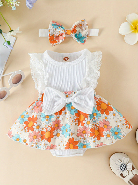 Floral Print Lace Trim Sleeveless Romper Dress with Bowknot for Baby Girls Cotton Blend Summer Outdoor Outfit