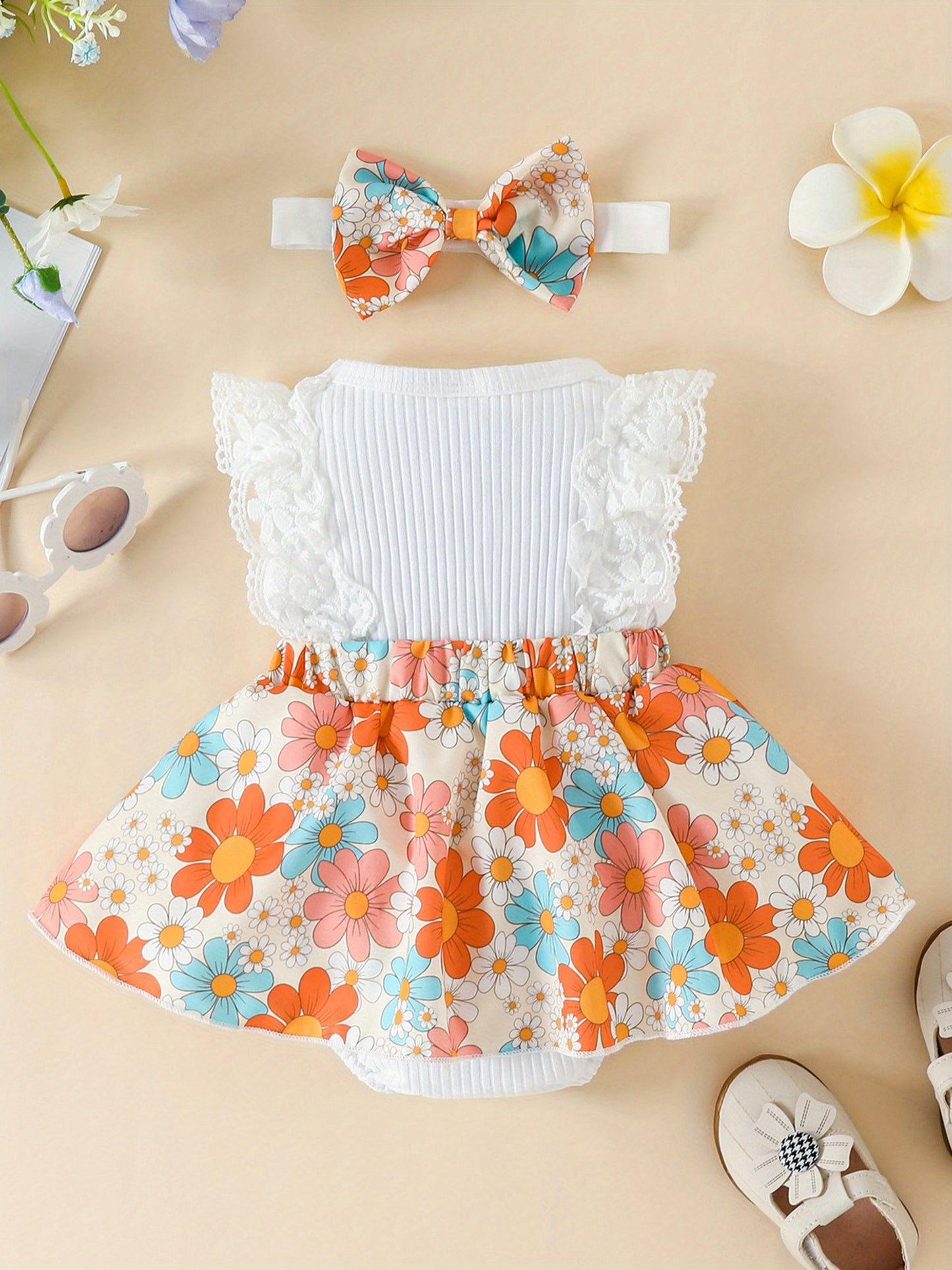 Floral Print Lace Trim Sleeveless Romper Dress with Bowknot for Baby Girls Cotton Blend Summer Outdoor Outfit