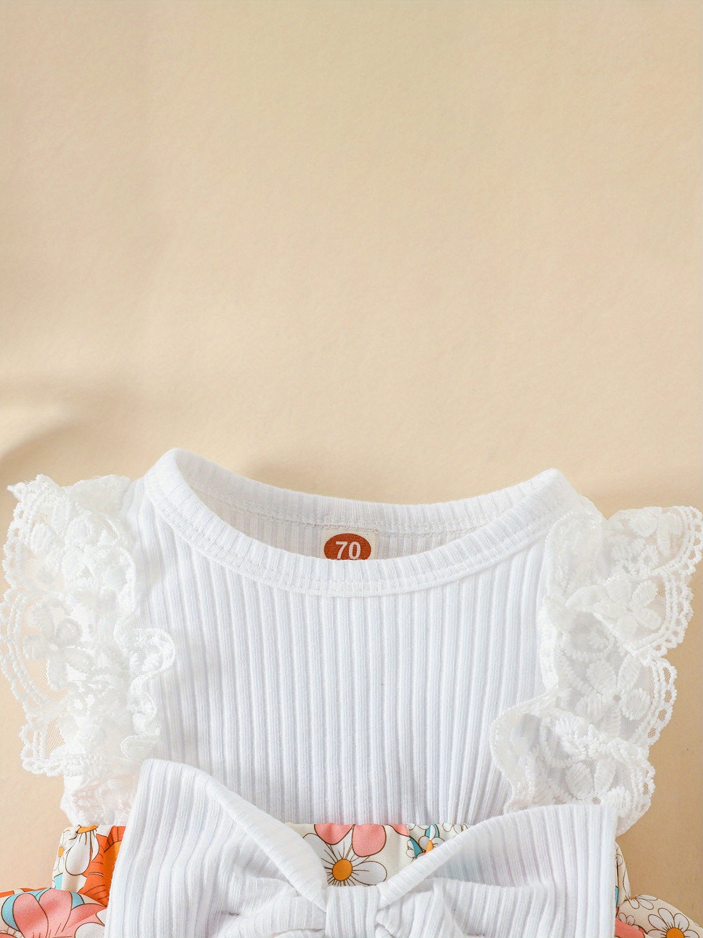 Floral Print Lace Trim Sleeveless Romper Dress with Bowknot for Baby Girls Cotton Blend Summer Outdoor Outfit