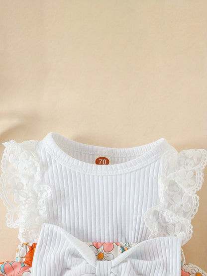 Floral Print Lace Trim Sleeveless Romper Dress with Bowknot for Baby Girls Cotton Blend Summer Outdoor Outfit