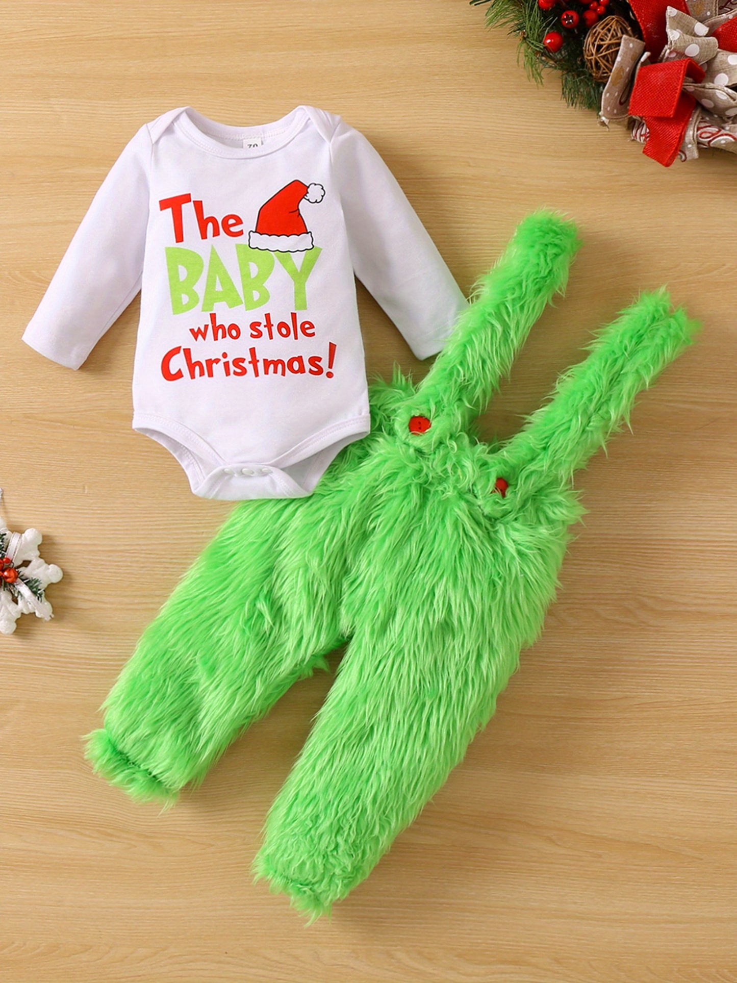 Infant Baby Christmas Outfit Letter Print Romper with Plush Furry Suspender Pants