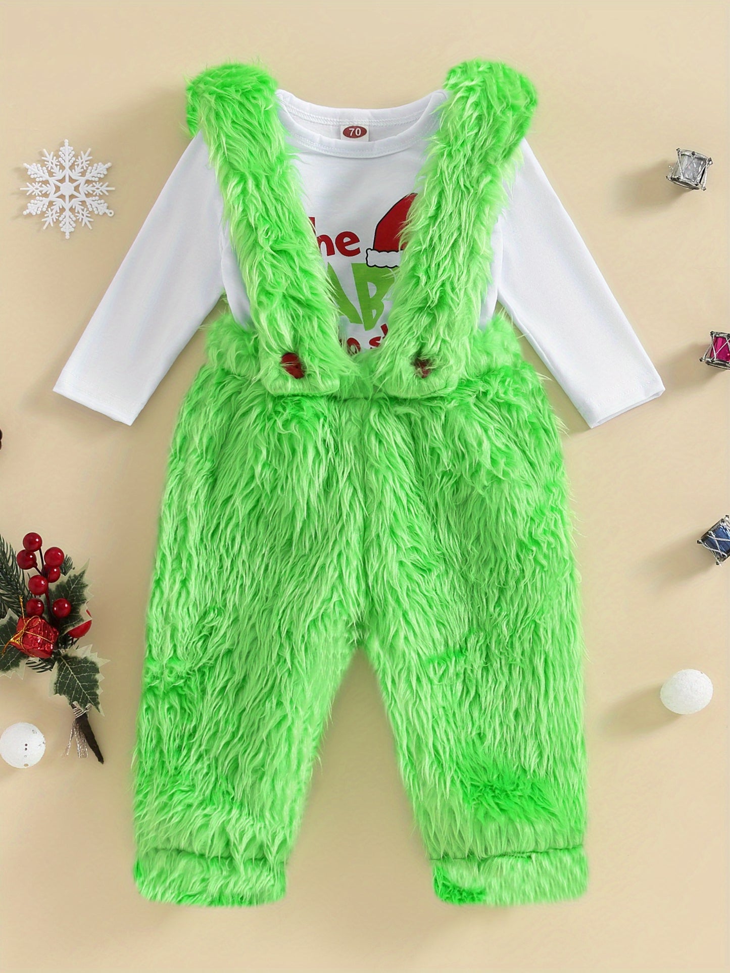 Infant Baby Christmas Outfit Letter Print Romper with Plush Furry Suspender Pants