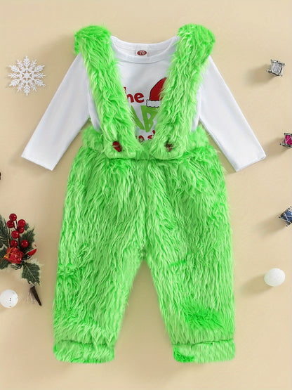 Infant Baby Christmas Outfit Letter Print Romper with Plush Furry Suspender Pants