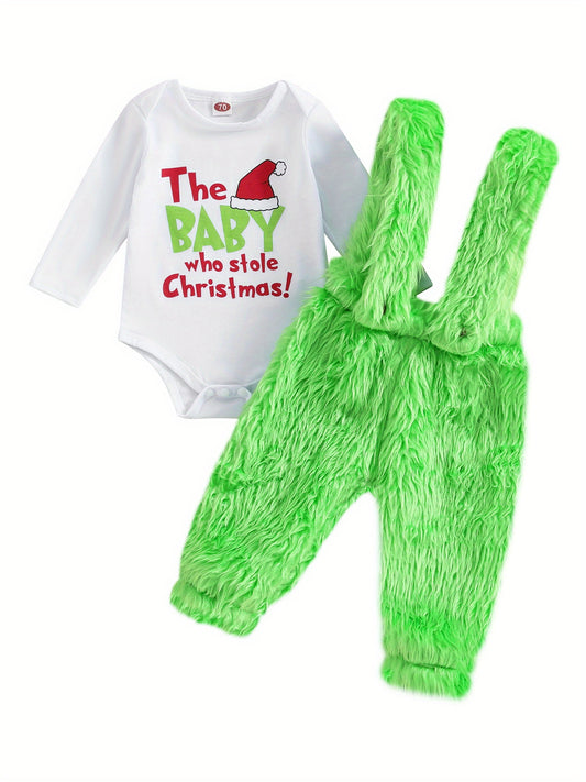 Infant Baby Christmas Outfit Letter Print Romper with Plush Furry Suspender Pants