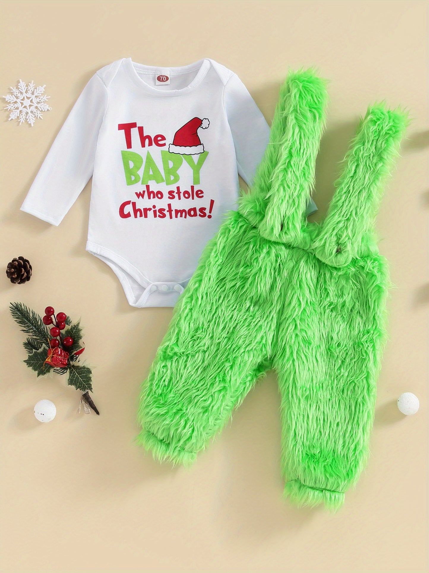 Infant Baby Christmas Outfit Letter Print Romper with Plush Furry Suspender Pants