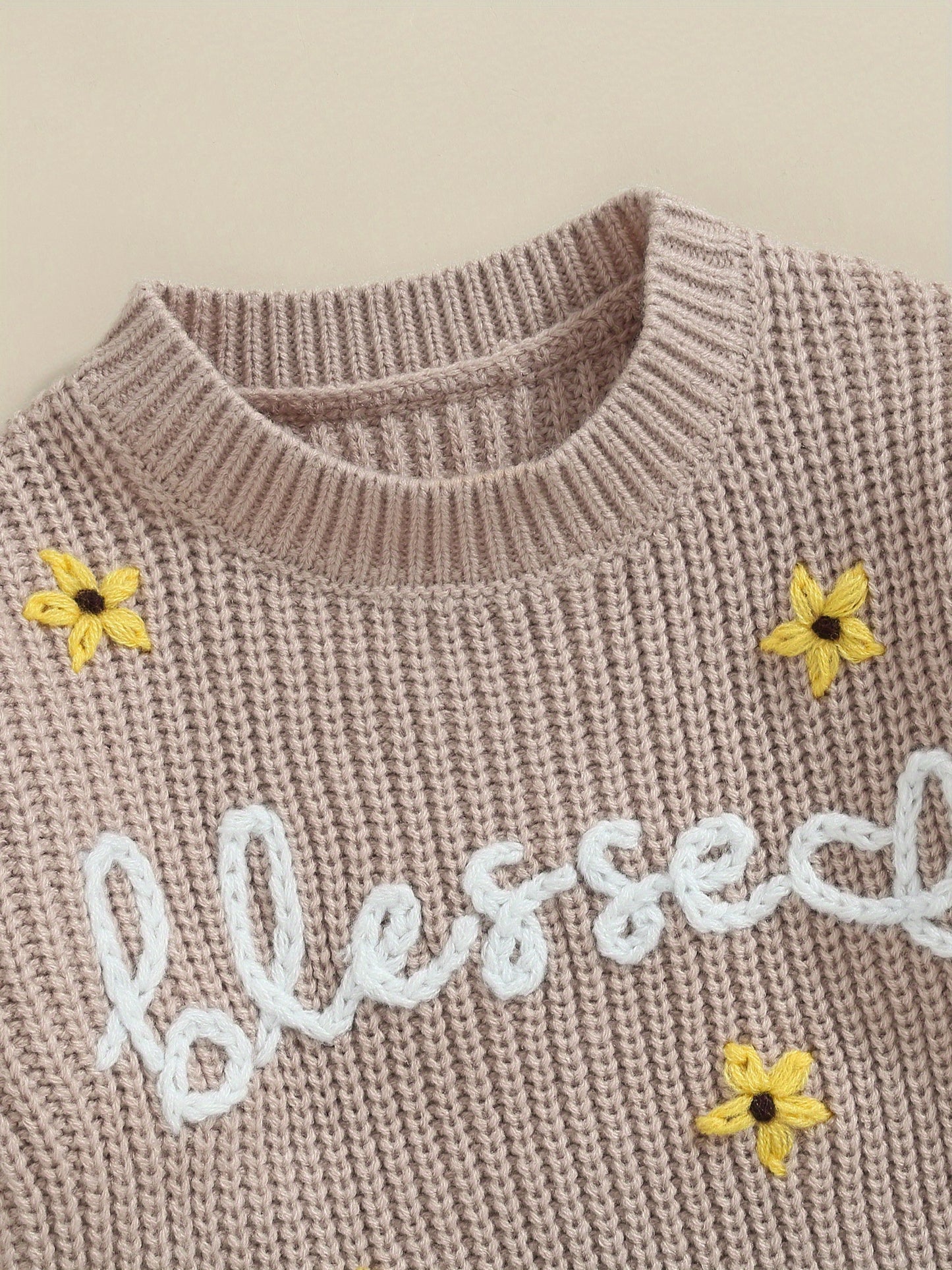 Baby Girls Autumn Winter Knit Sweater Floral Letter Embroidery Pullover