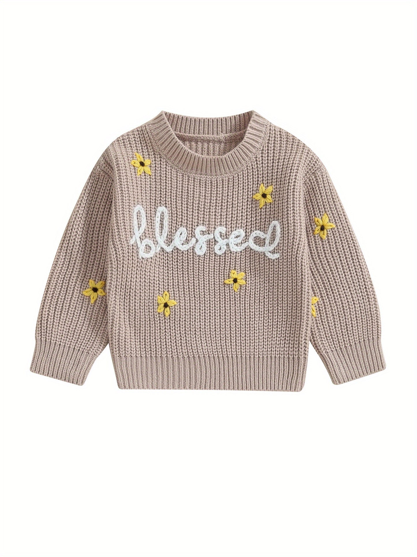 Baby Girls Autumn Winter Knit Sweater Floral Letter Embroidery Pullover