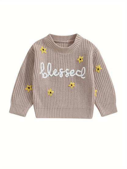 Baby Girls Autumn Winter Knit Sweater Floral Letter Embroidery Pullover